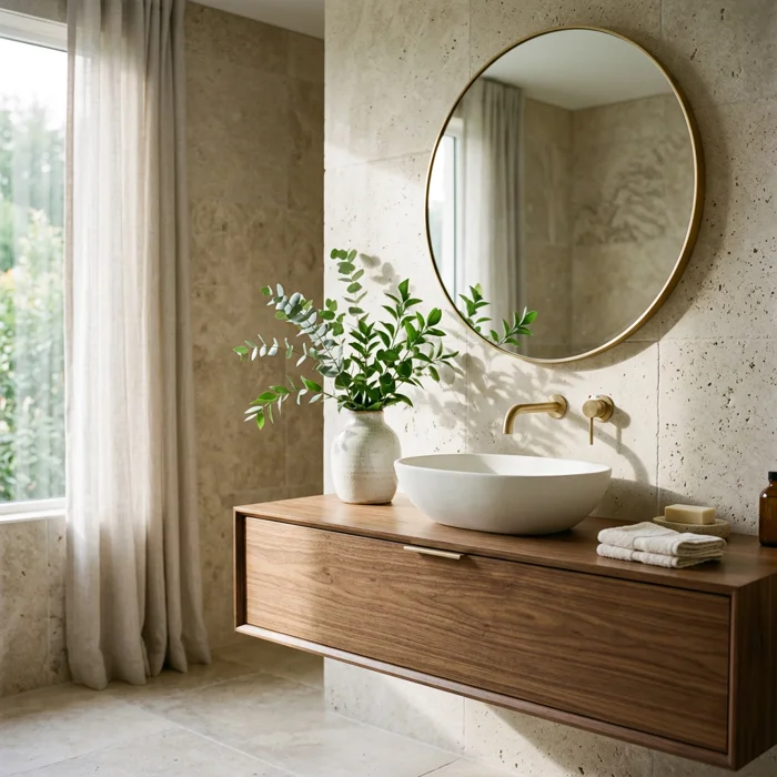Design inspiration: walnut vanity, sculptural basin and a warm stone bathroom