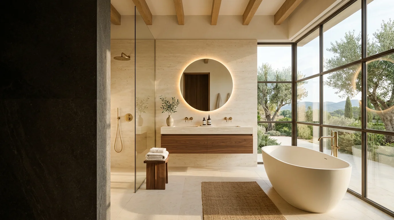 Design inspiration: a luxurious travertine bathroom with freestanding tub, walnut vanity and golden morning light
